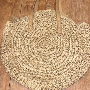 Woven Straw and Faux Leather Handbag